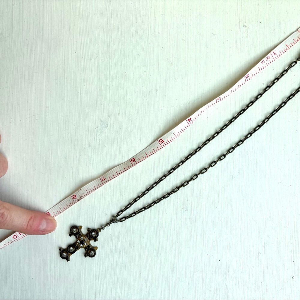 Vintage Burnished Gold and Crystal Cross Pendant Necklace by Belladonna - Picture 3 of 6